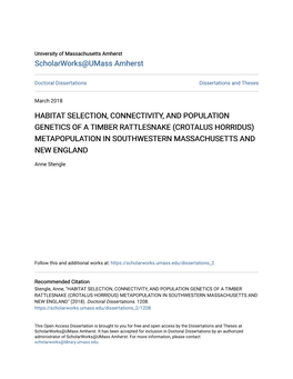 Crotalus Horridus) Metapopulation in Southwestern Massachusetts and New England
