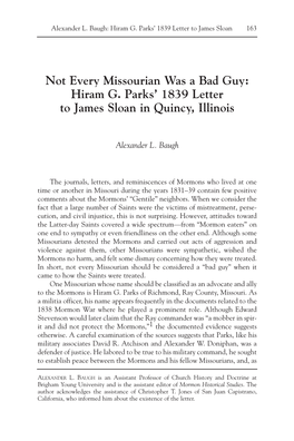 Not Every Missourian Was a Bad Guy: Hiram G. Parks' 1839 Letter to James Sloan in Quincy, Illinois