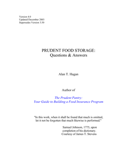 PRUDENT FOOD STORAGE: Questions & Answers