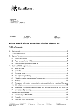 Advance Notification of an Administrative Fine – Disqus Inc