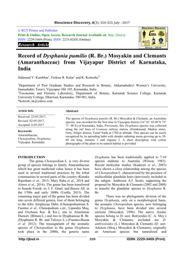Record of Dysphania Pumilio (R. Br.) Mosyakin and Clemants (Amaranthaceae) from Vijayapur District of Karnataka, India