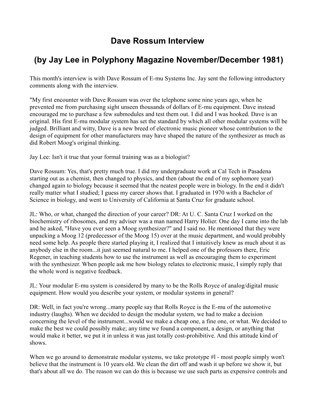 Dave Rossum Interview (By Jay Lee in Polyphony Magazine November/December 1981)