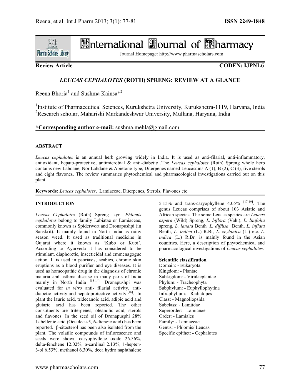 Leucas Cephalotes (Roth) Spreng: Review at a Glance