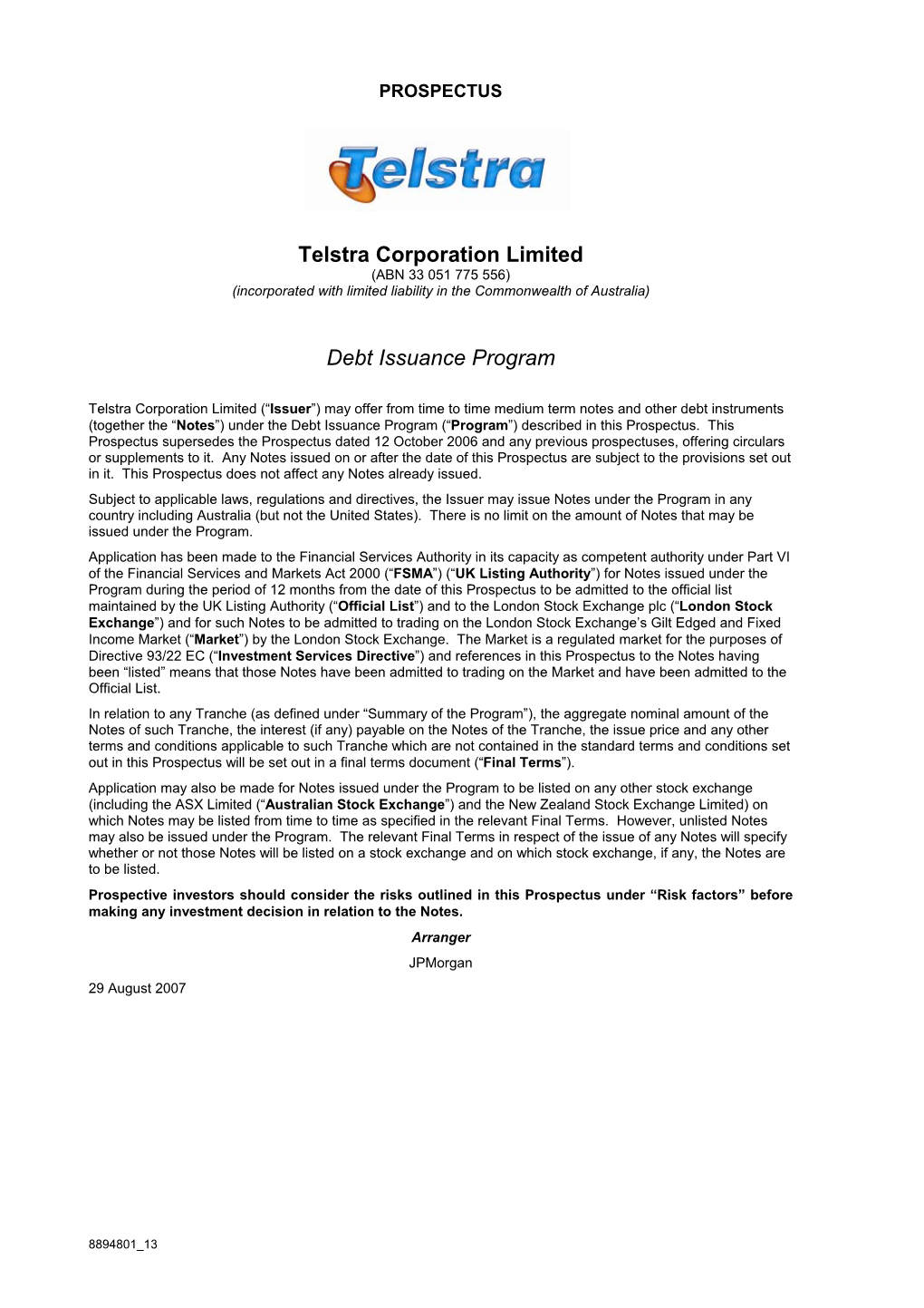 Telstra Corporation Limited Debt Issuance Program