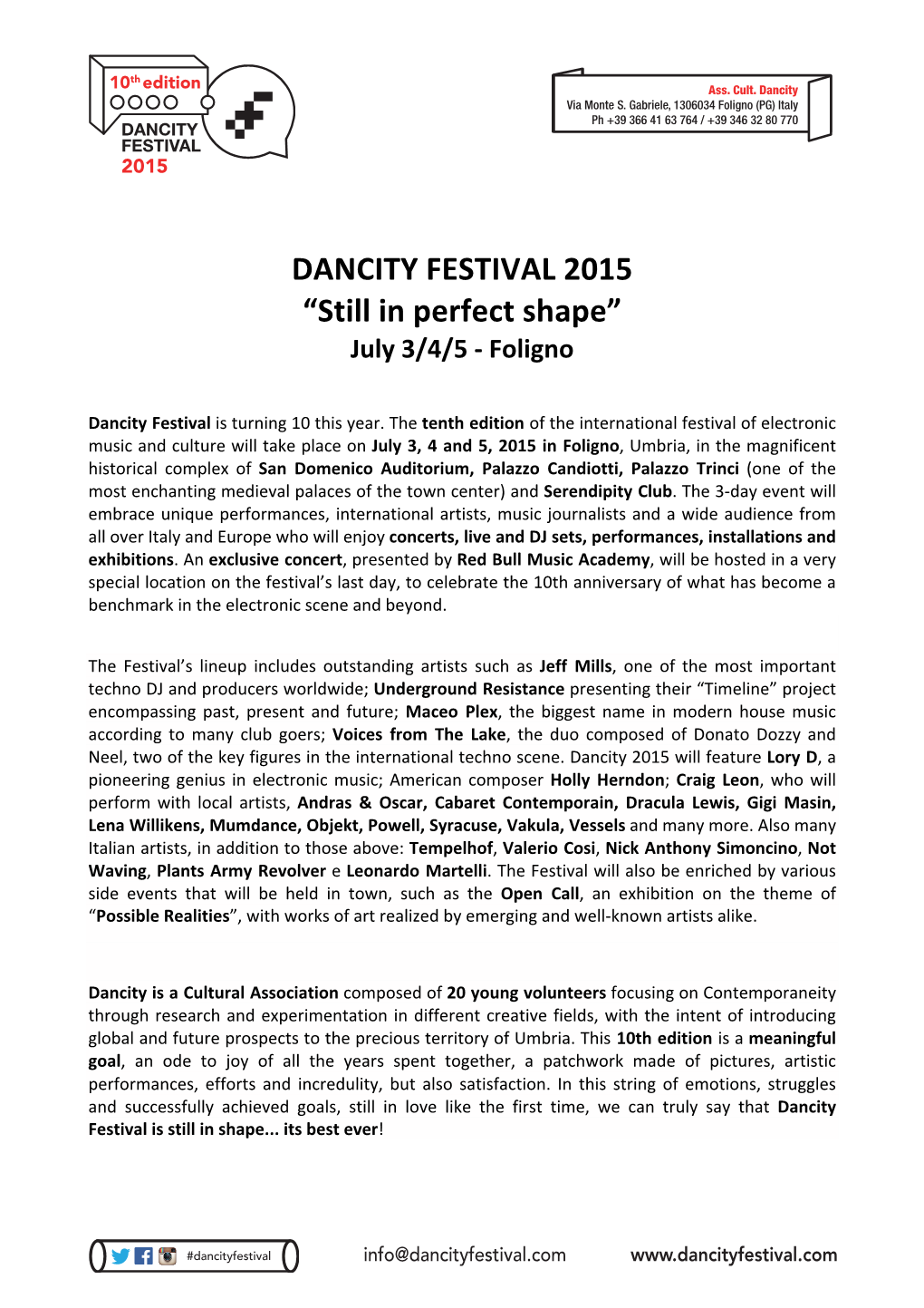 DANCITY FESTIVAL 2015 “Still in Perfect Shape” July 3/4/5 - Foligno