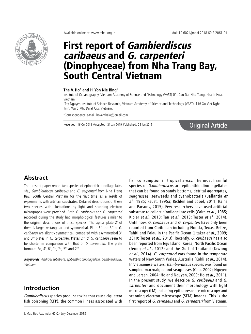 First Report of Gambierdiscus Caribaeus and G. Carpenteri (Dinophyceae) from Nha Trang Bay, South Central Vietnam