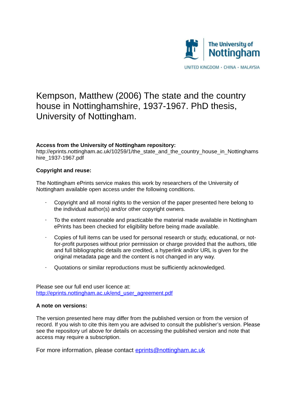 The State and the Country House in Nottinghamshire, 1937-1967