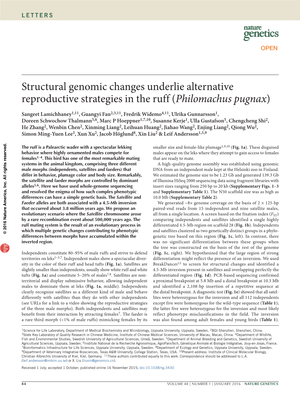 Structural Genomic Changes Underlie Alternative Reproductive Strategies in the Ruff (Philomachus Pugnax)