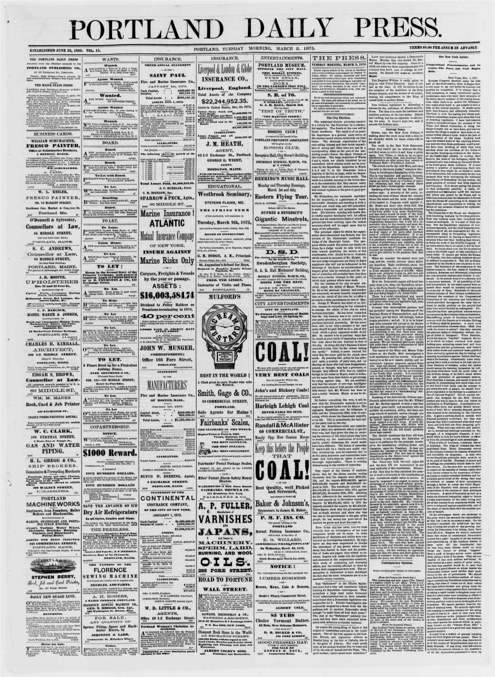 MARCH 2, 1875 Congressional Frocruliiaiun and Ils PORTLAND MUSEUM