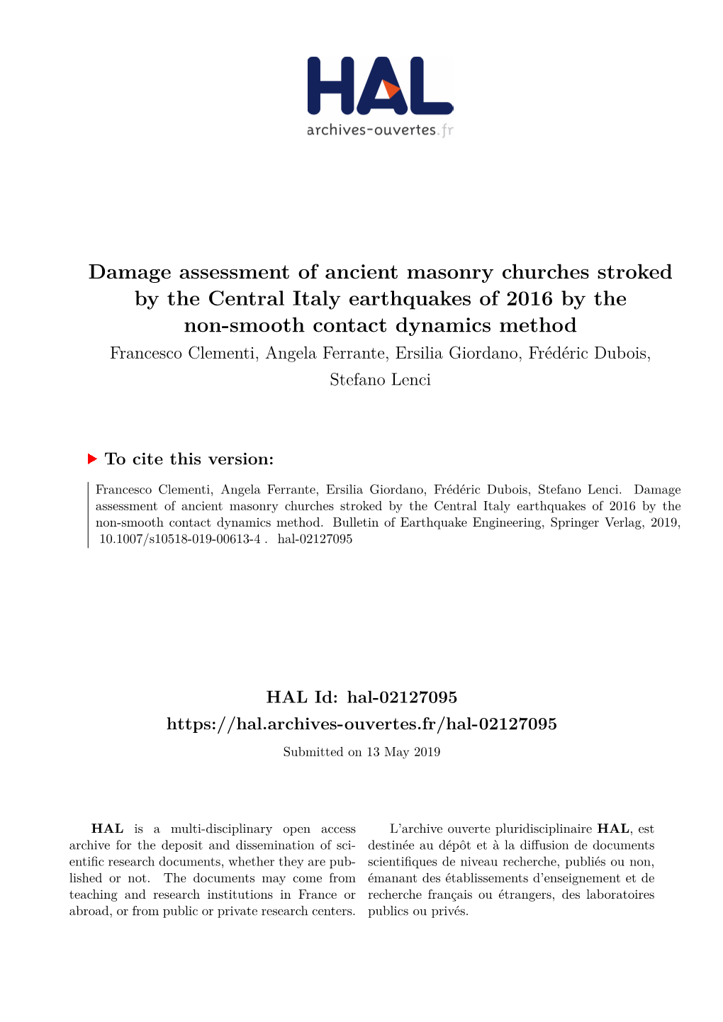 Damage Assessment of Ancient Masonry Churches Stroked by the Central Italy Earthquakes of 2016 by the Non-Smooth Contact Dynamic