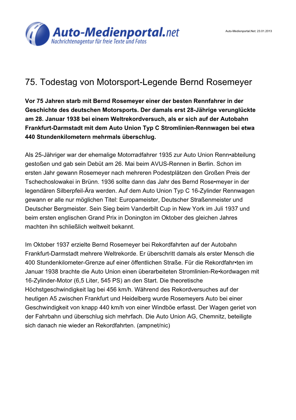75. Todestag Von Motorsport-Legende Bernd Rosemeyer