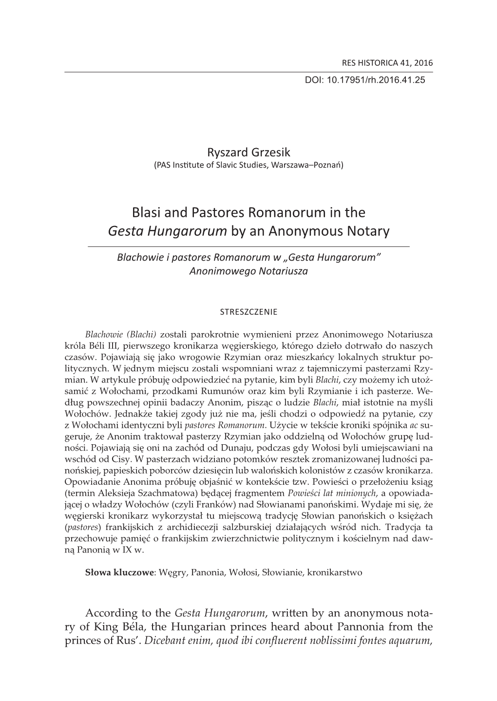 Blasi and Pastores Romanorum in the Gesta Hungarorum by an Anonymous Notary