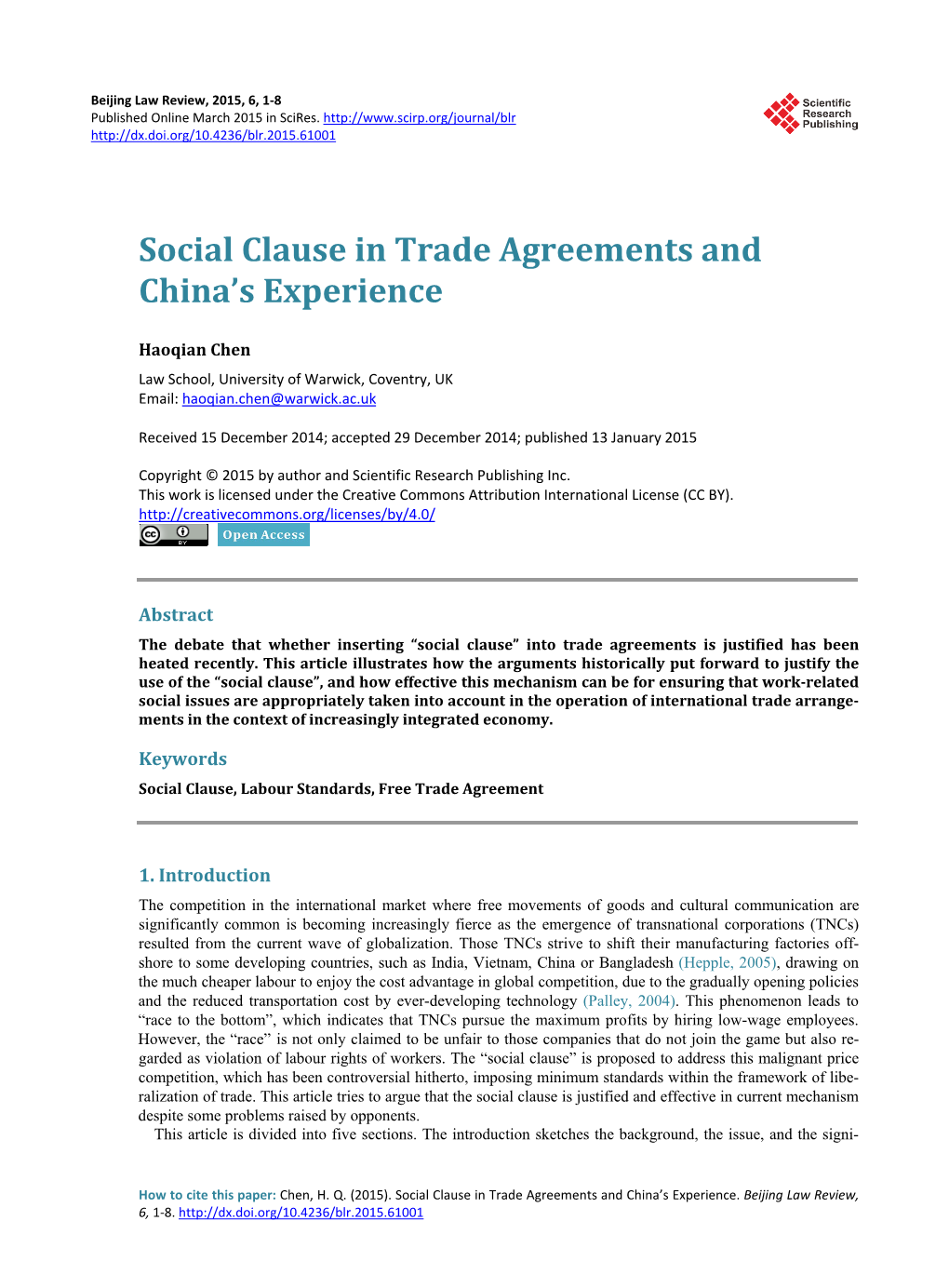 Social Clause in Trade Agreements and China's Experience