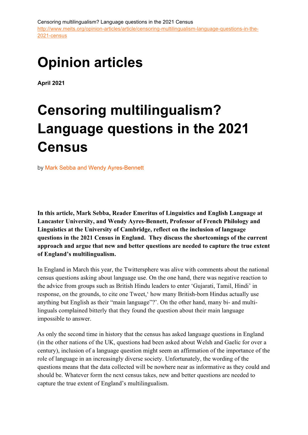 Opinion Articles Censoring Multilingualism? Language