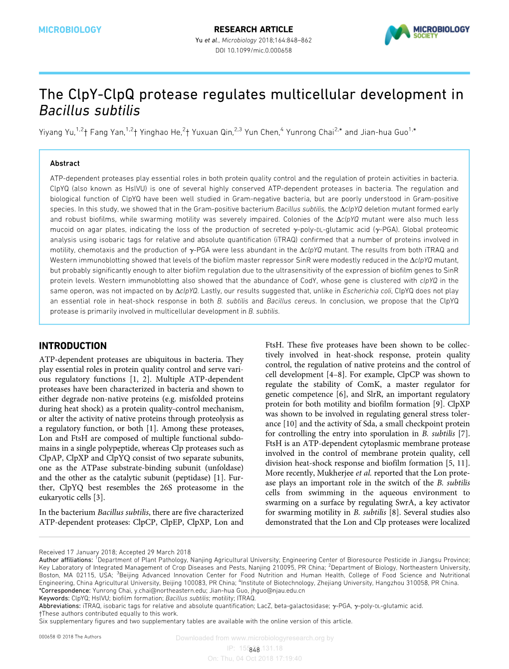 The Clpy-Clpq Protease Regulates Multicellular Development in Bacillus Subtilis