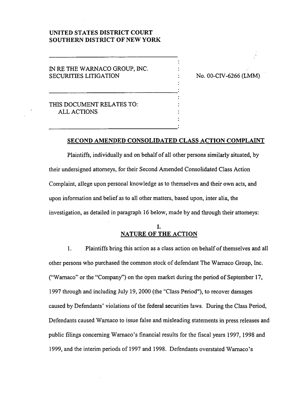 Newman, Et Al. V. Warnaco Group, Inc., Et Al. 00-CV-6266-Second Amended Consolidated Class Action Complaint