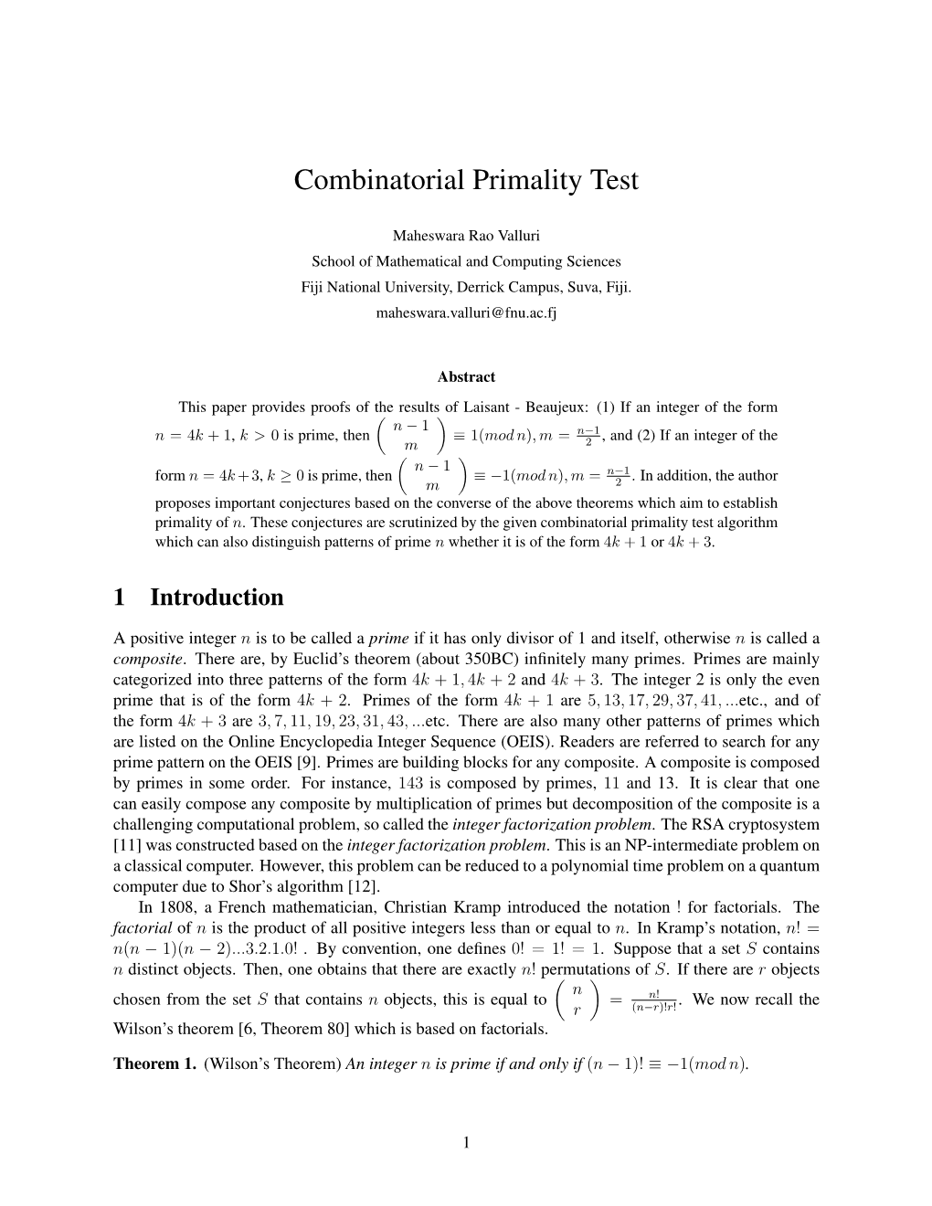 Combinatorial Primality Test