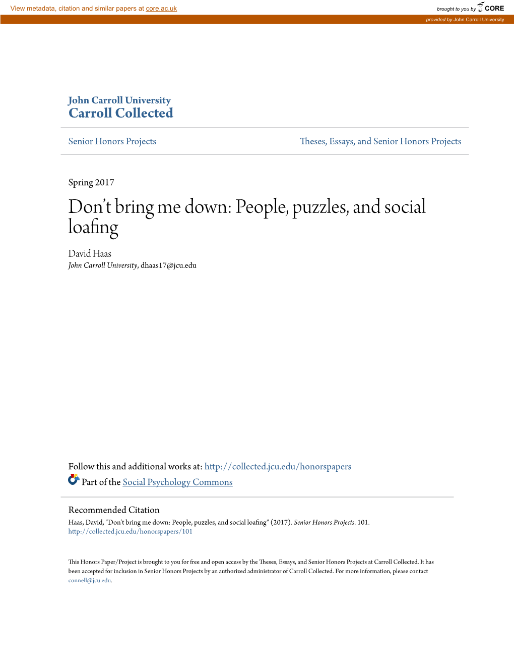 Don't Bring Me Down: People, Puzzles, and Social Loafing