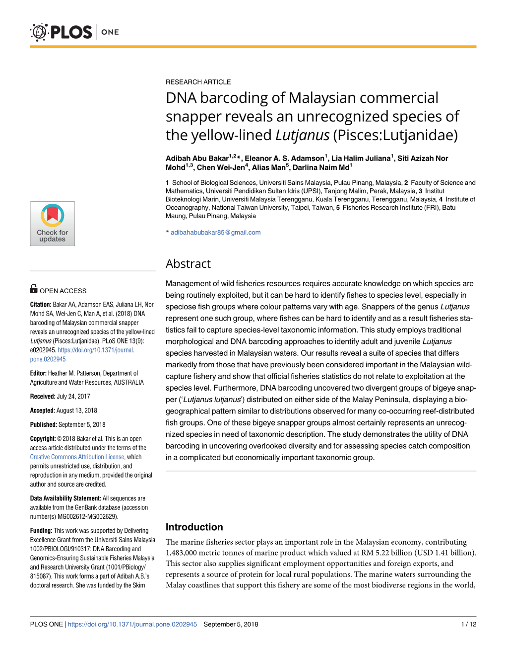 DNA Barcoding of Malaysian Commercial Snapper Reveals an Unrecognized Species of the Yellow-Lined Lutjanus (Pisces:Lutjanidae)
