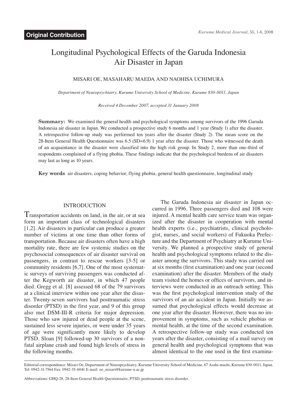 Longitudinal Psychological Effects of the Garuda Indonesia Air Disaster in Japan