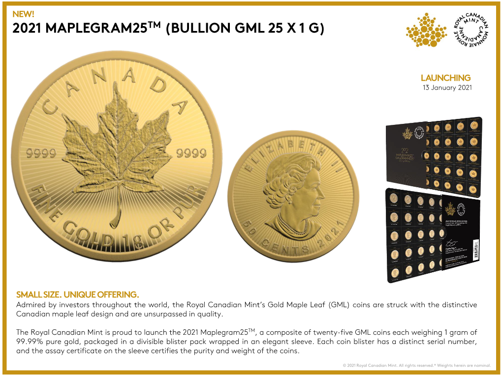 2021 Maplegram25tm (Bullion Gml 25 X 1 G)