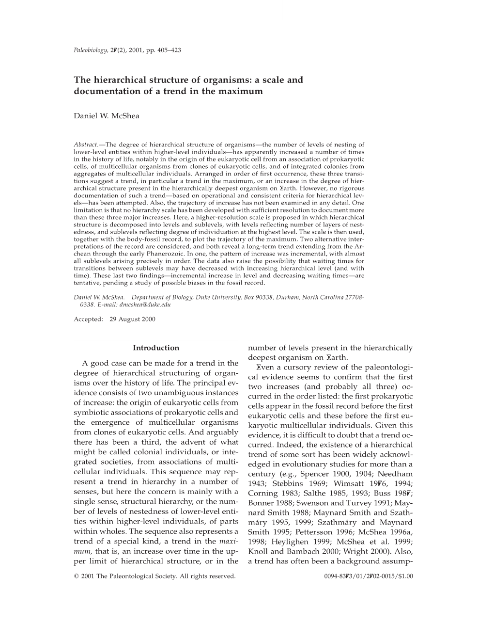 The Hierarchical Structure of Organisms: a Scale and Documentation of a Trend in the Maximum