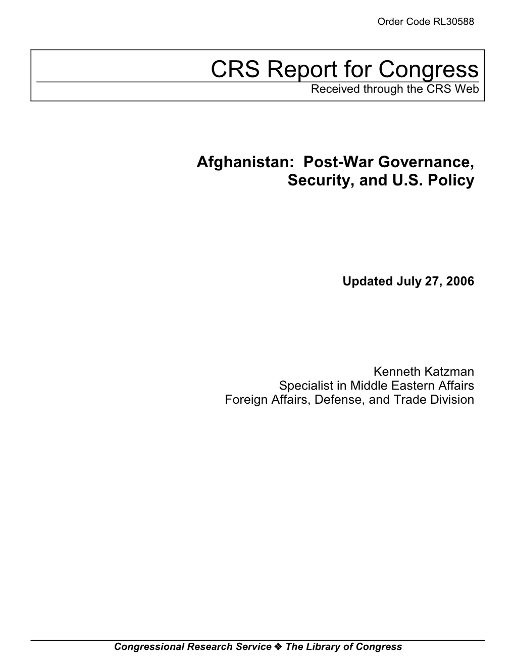 Afghanistan: Post-War Governance, Security, and U.S