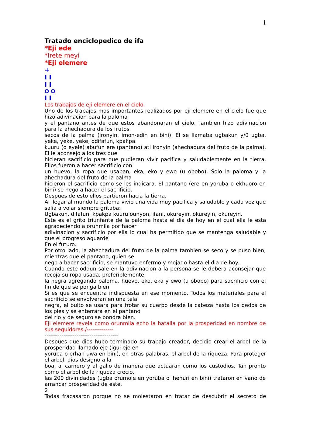 Tratado Enciclopedico De Ifa *Eji Ede *Irete Meyi *Eji Elemere + I I I I O O I I Los Trabajos De Eji Elemere En El Cielo