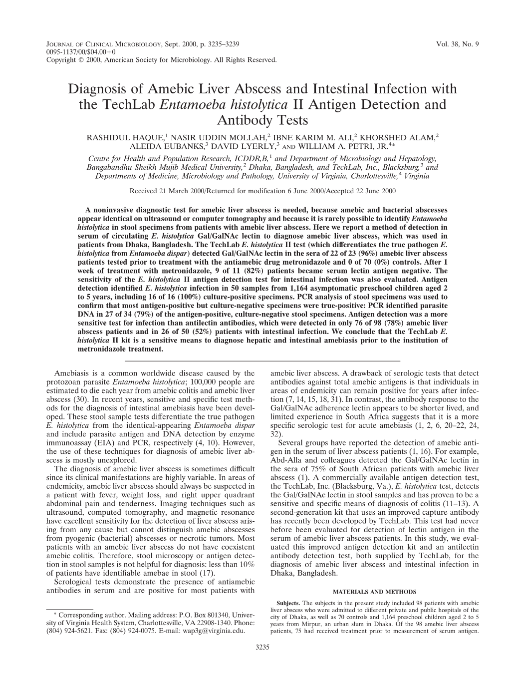 Diagnosis of Amebic Liver Abscess and Intestinal Infection with The