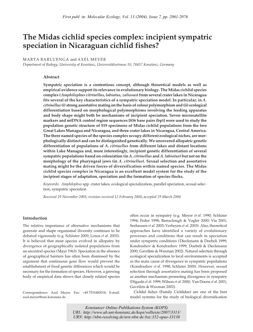 Incipient Sympatric Speciation in Nicaraguan Cichlid Fishes?