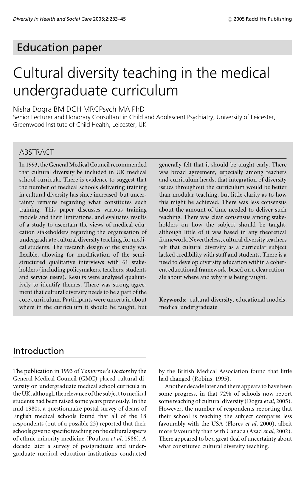 Cultural Diversity Teaching in the Medical Undergraduate Curriculum