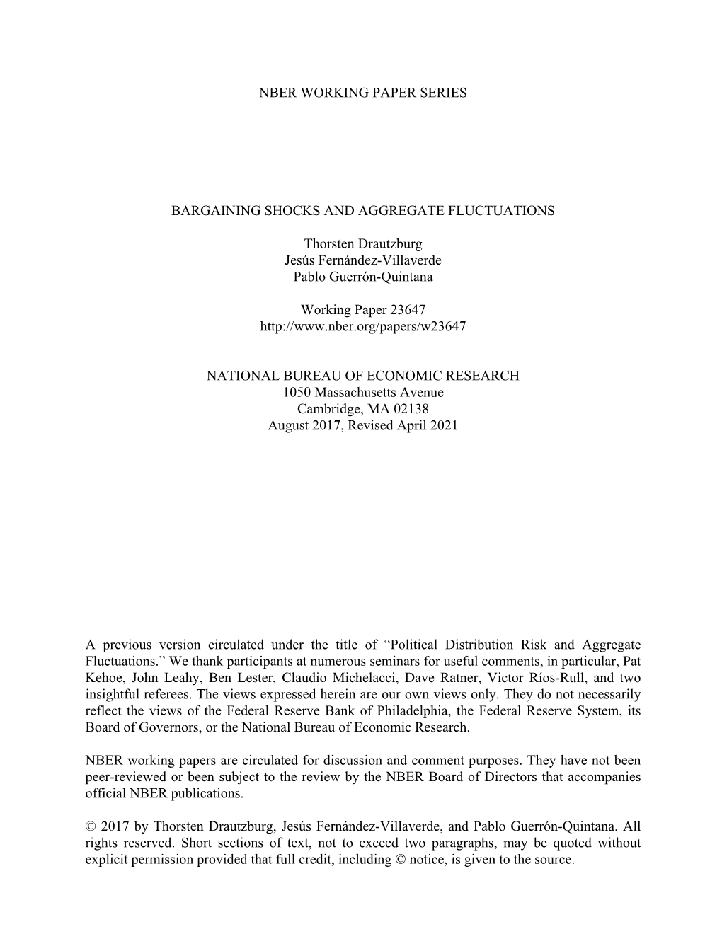 Nber Working Paper Series Bargaining Shocks And