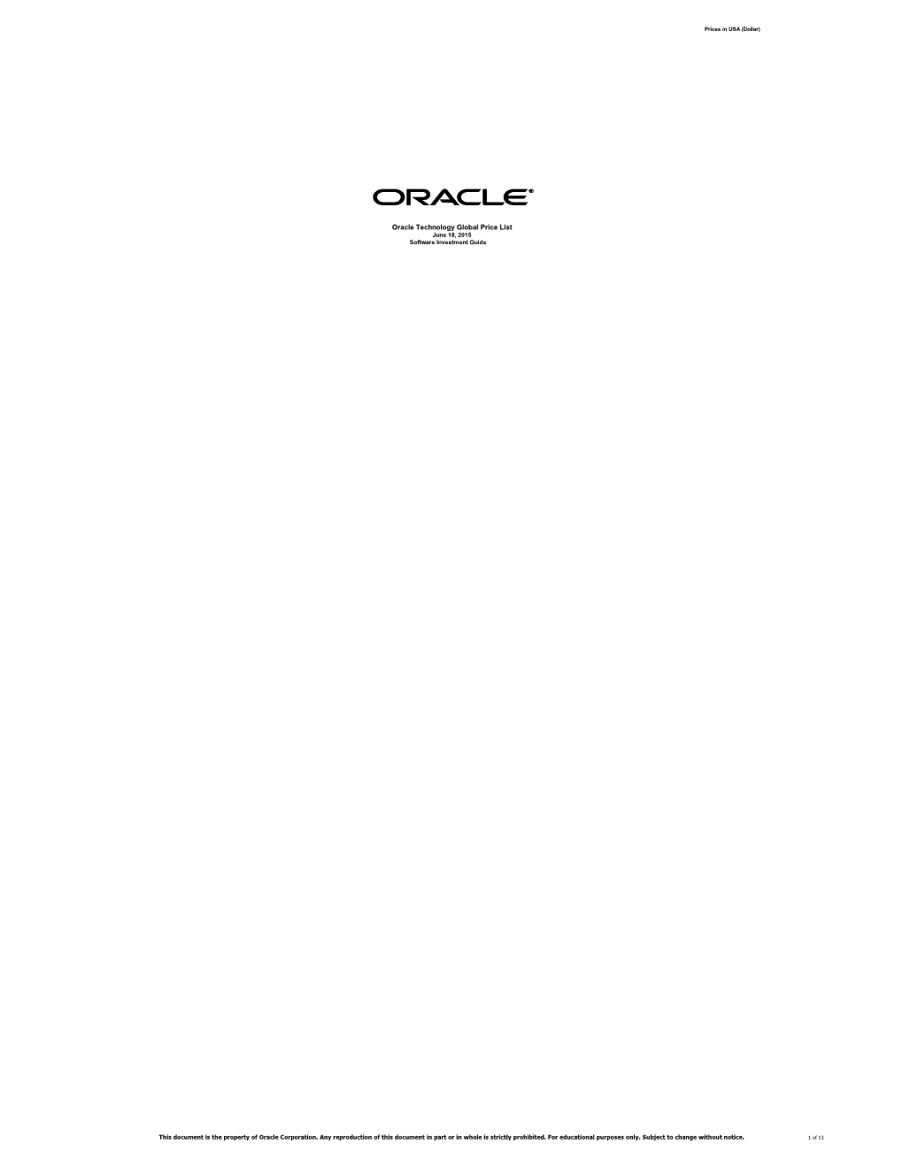 Oracle Technology Global Price List June 18, 2015 Software Investment Guide