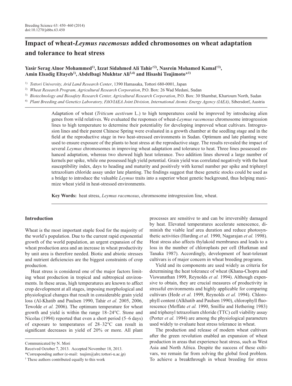 Impact of Wheat-Leymus Racemosus Added Chromosomes on Wheat Adaptation and Tolerance to Heat Stress