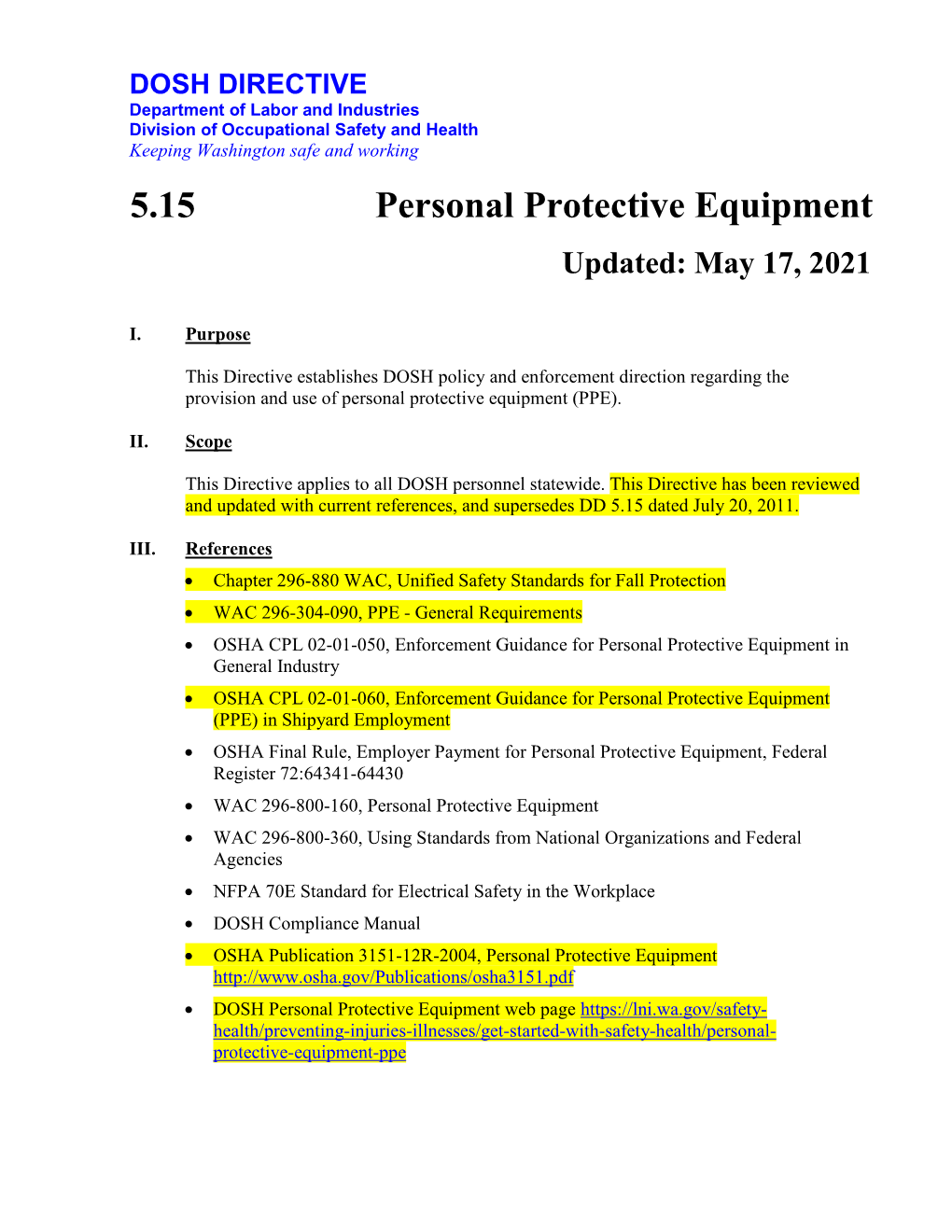 DOSH Directive (WRD) 5.15 Personal Protective Equipment