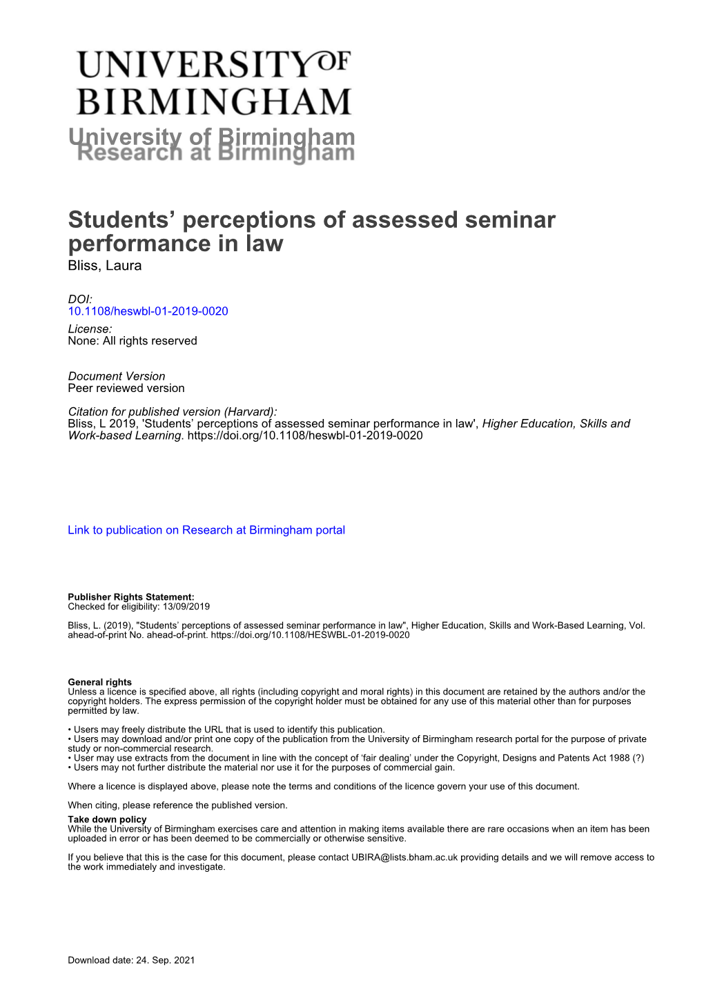 University of Birmingham Students' Perceptions of Assessed Seminar