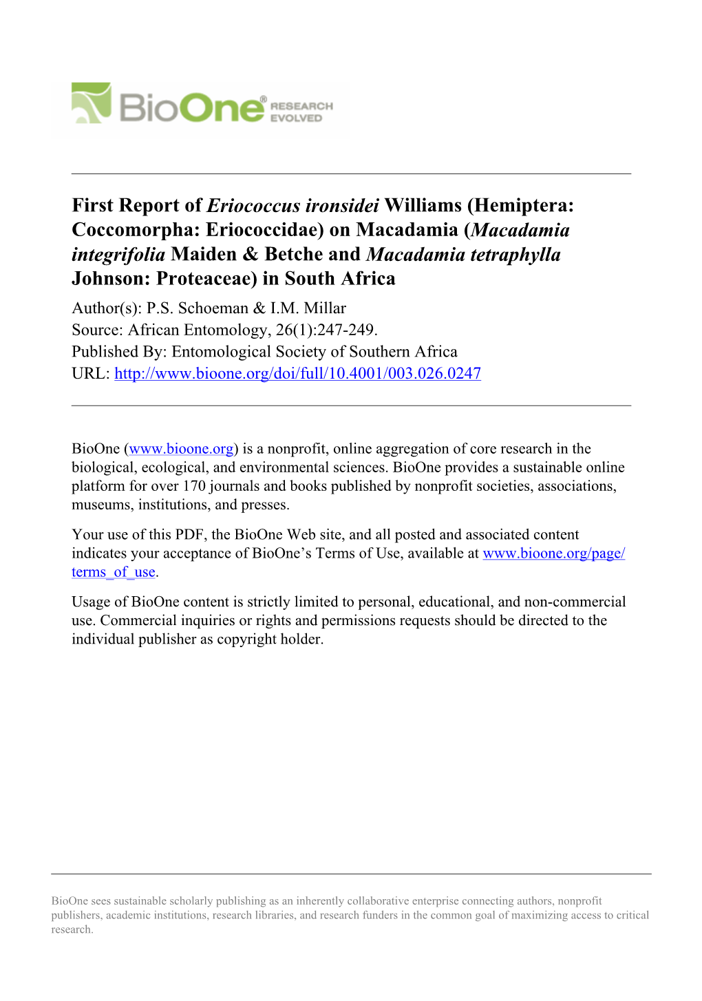 First Report of Eriococcus Ironsidei Williams (Hemiptera: Coccomorpha