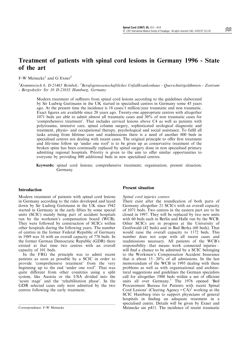 Treatment of Patients with Spinal Cord Lesions in Germany 1996 - State of the Art