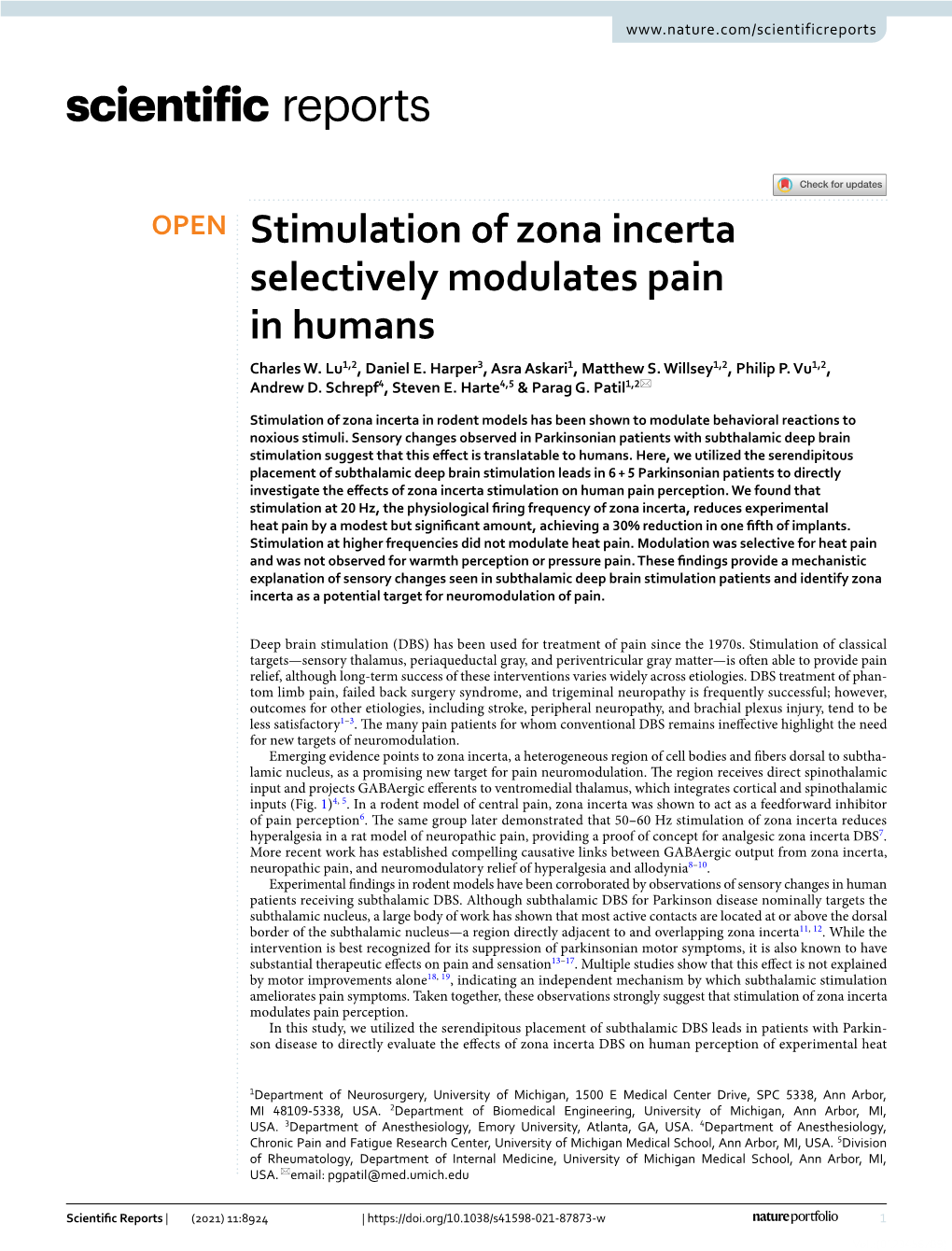 Stimulation of Zona Incerta Selectively Modulates Pain in Humans Charles W