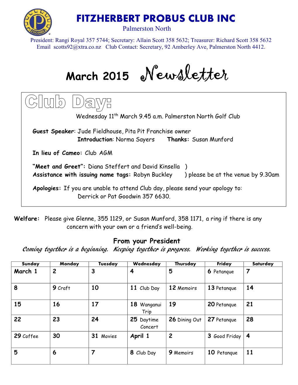 FITZHERBERT PROBUS CLUB INC March 2015 Newsletter