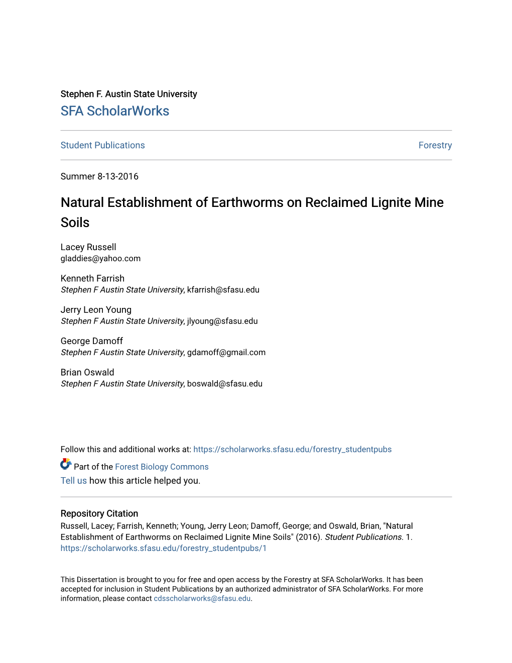 Natural Establishment of Earthworms on Reclaimed Lignite Mine Soils