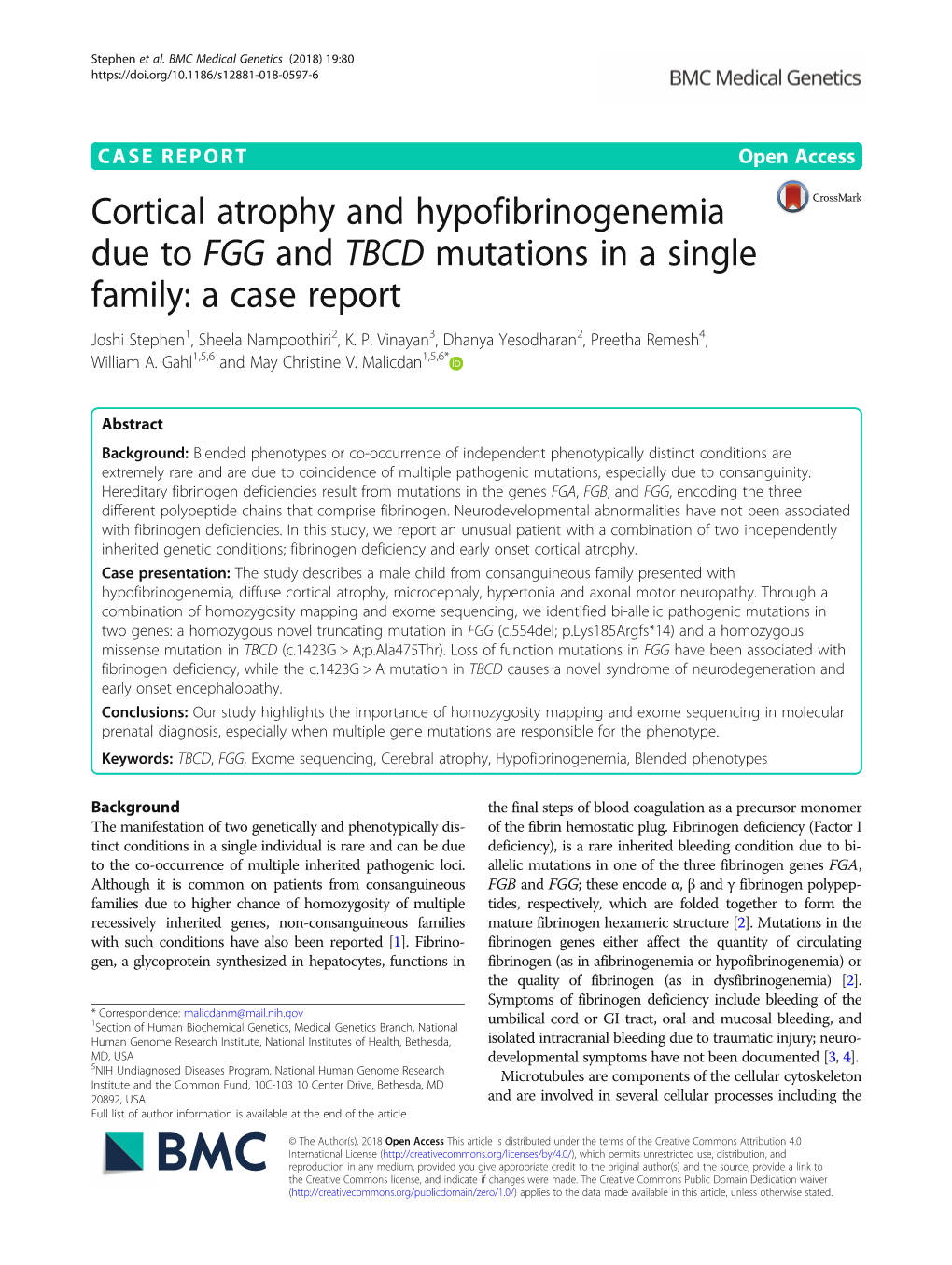 Cortical Atrophy and Hypofibrinogenemia Due to FGG and TBCD Mutations in a Single Family: a Case Report Joshi Stephen1, Sheela Nampoothiri2, K