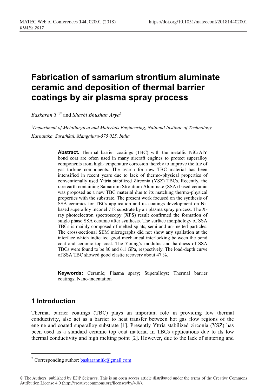 Fabrication of Samarium Strontium Aluminate Ceramic and Deposition of Thermal Barrier Coatings by Air Plasma Spray Process