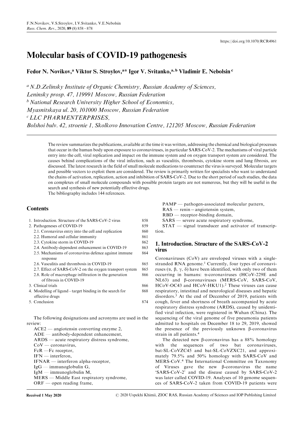 Molecular Basis of COVID-19 Pathogenesis