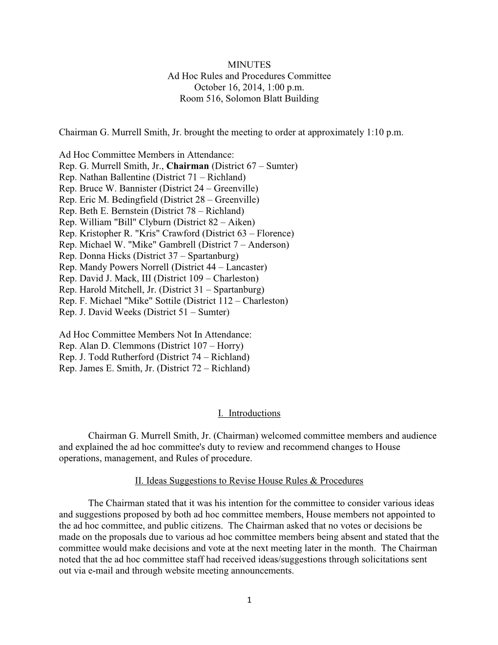 MINUTES Ad Hoc Rules and Procedures Committee October 16, 2014, 1:00 P.M