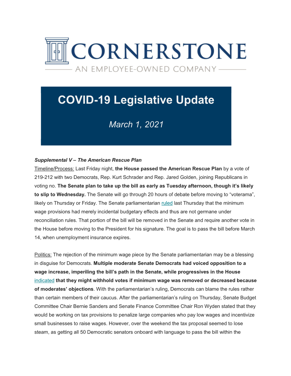 COVID-19 Legislative Update