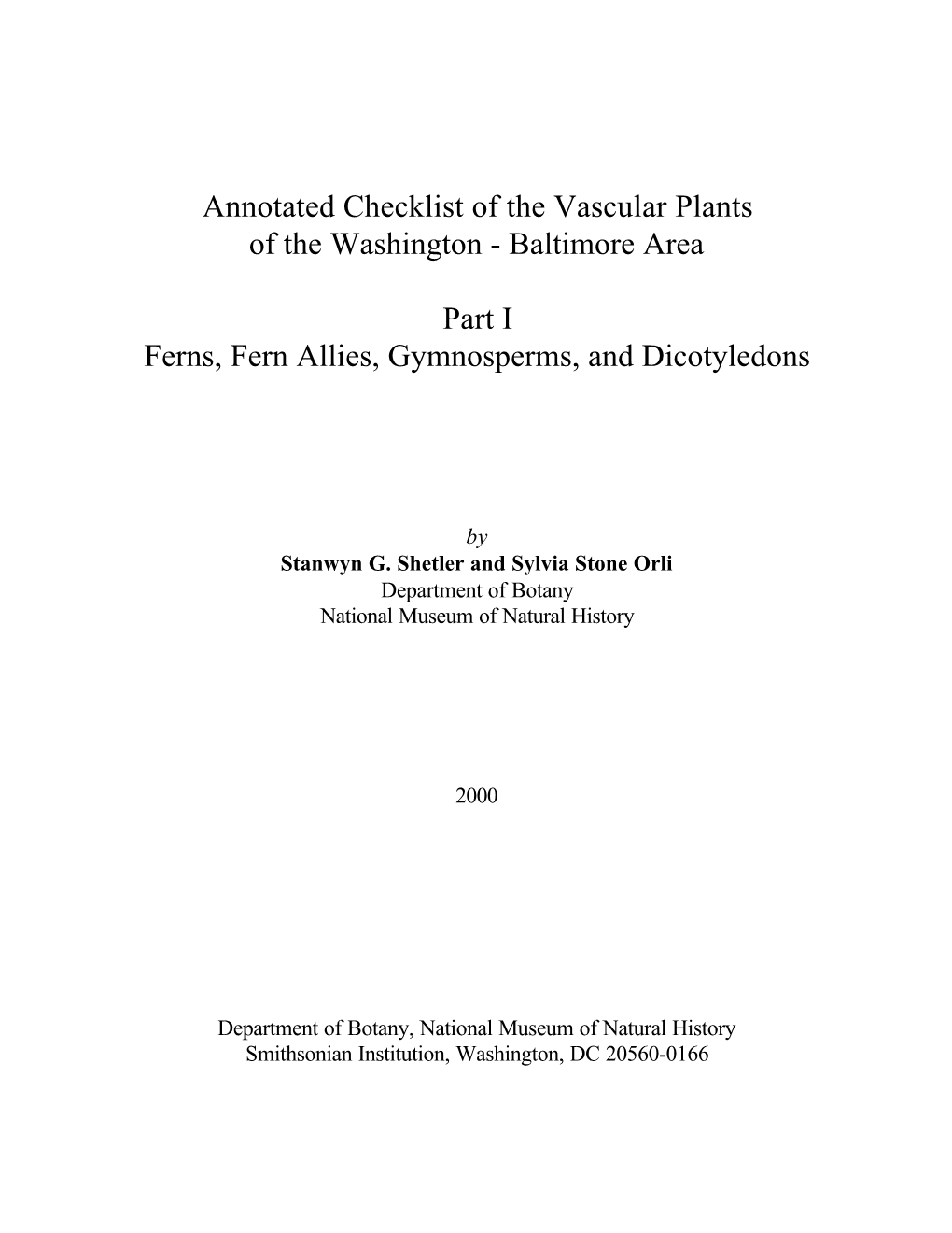 Annotated Checklist of the Vascular Plants of the Washington - Baltimore Area