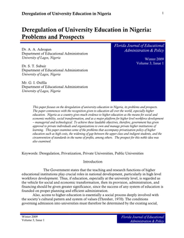Deregulation of University Education in Nigeria: Problems and Prospects