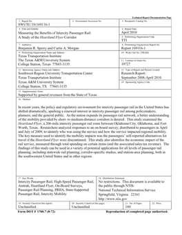 SWUTC/10/169116-1 Measuring the Benefits of Intercity Passenger Rail: a Study of the Heartland Flyer Corridor April 2010 TTI