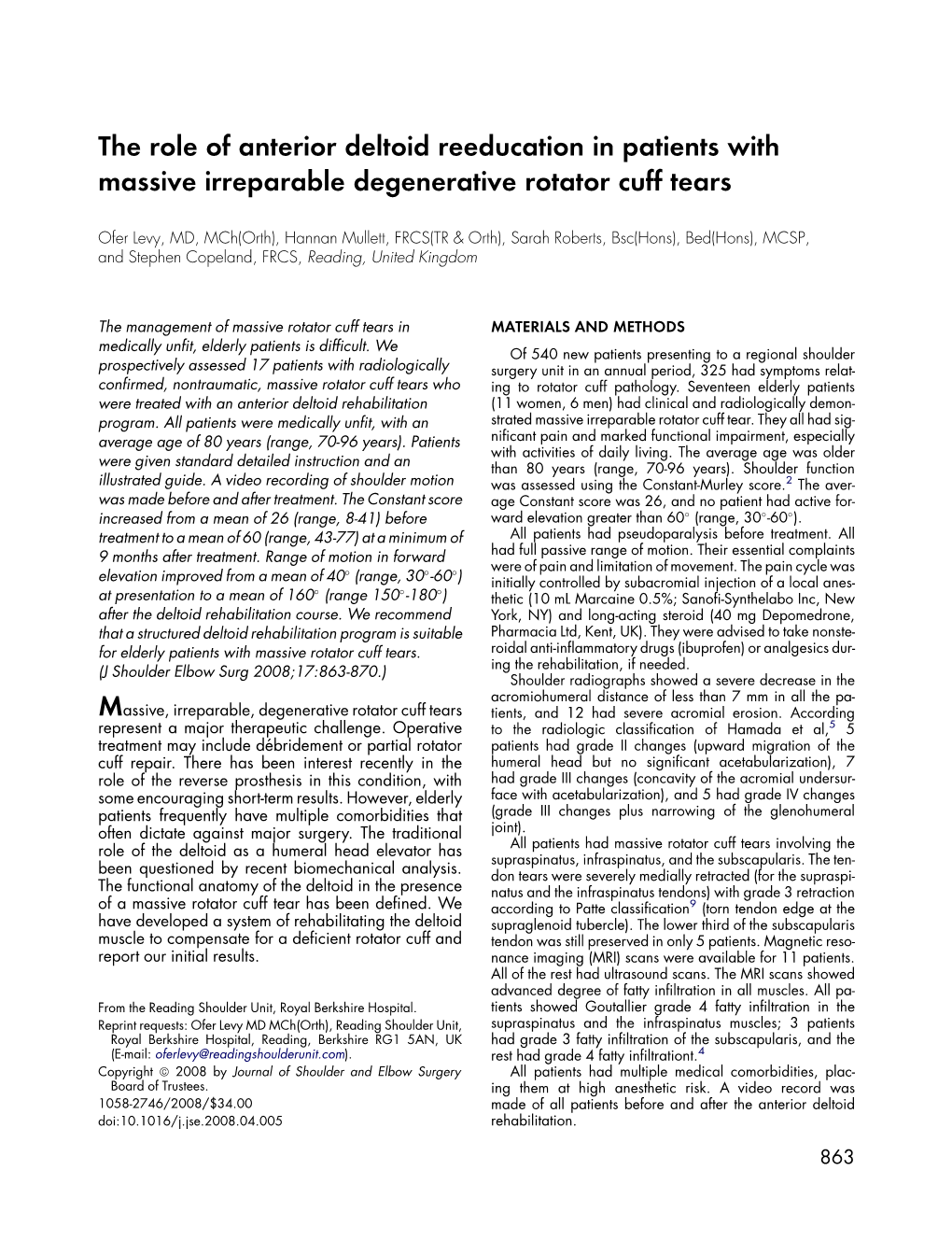 The Role of Anterior Deltoid Reeducation in Patients with Massive Irreparable Degenerative Rotator Cuff Tears